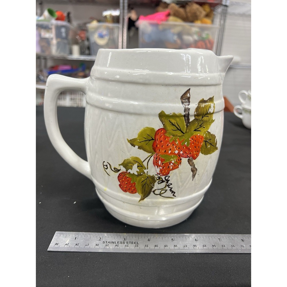 Vintage Barrel Shaped Pitcher With Strawberries